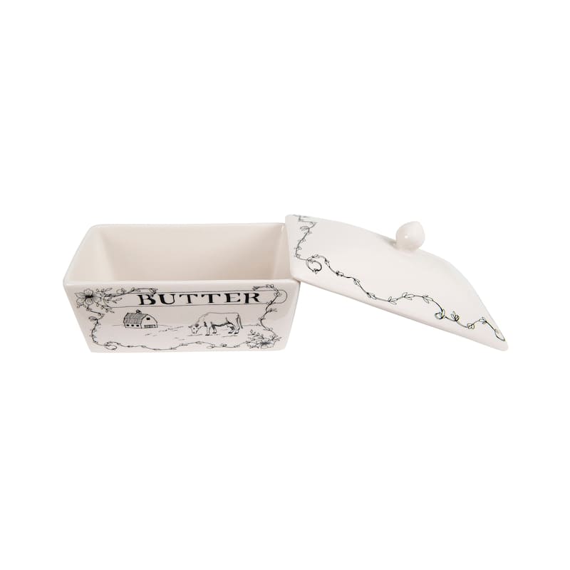Country Style White & Black Stoneware Butter Dish with Lid