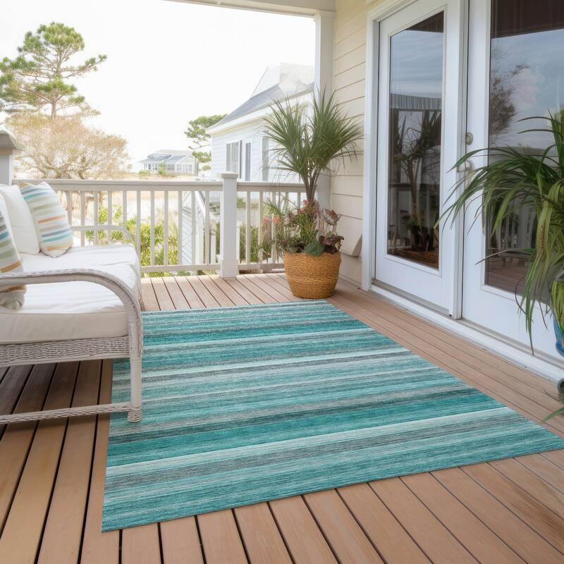 Machine Washable Indoor/ Outdoor Ombre Stripes Chantille Rug - Teal - 5' x 7'6"