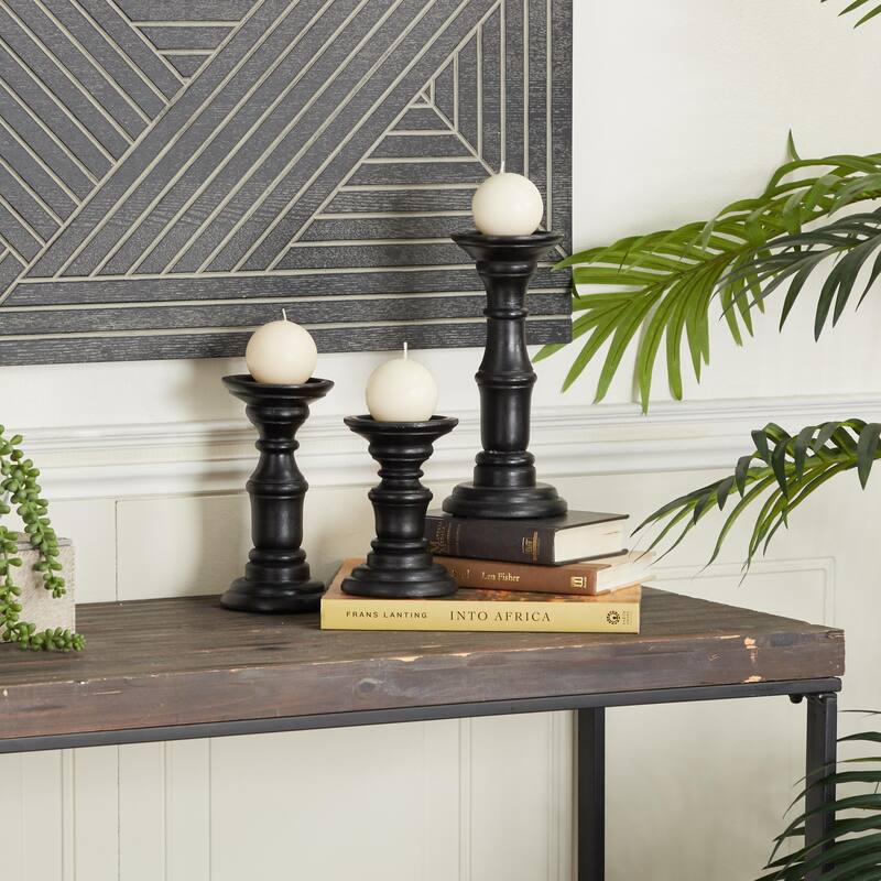 Gold, Black or White Mango Wood Turned Style Pillar Decorative Candle Holder (Set of 3) - Black
