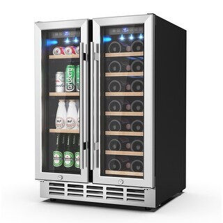 24 inch 20-Bottles and 60 Cans Beverage Wine Cooler Dual Zone Refrigerator Built-in or Freestanding French Door Fridge