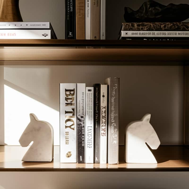 Modern Marble Horse Head Book Ends - Set of 2, 6", White - 6.0"