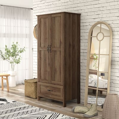 DH BASIC Rustic Distressed Walnut Double-doors Wardrobe Closet with 1-Drawer by Denhour