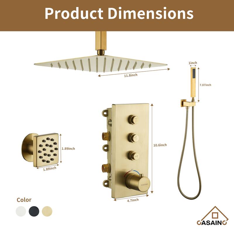 Luxury Thermostatic Shower System 1-Spray Patterns Ceiling Mount Fixed Shower Head and Handheld Spray with 6 Body Jets