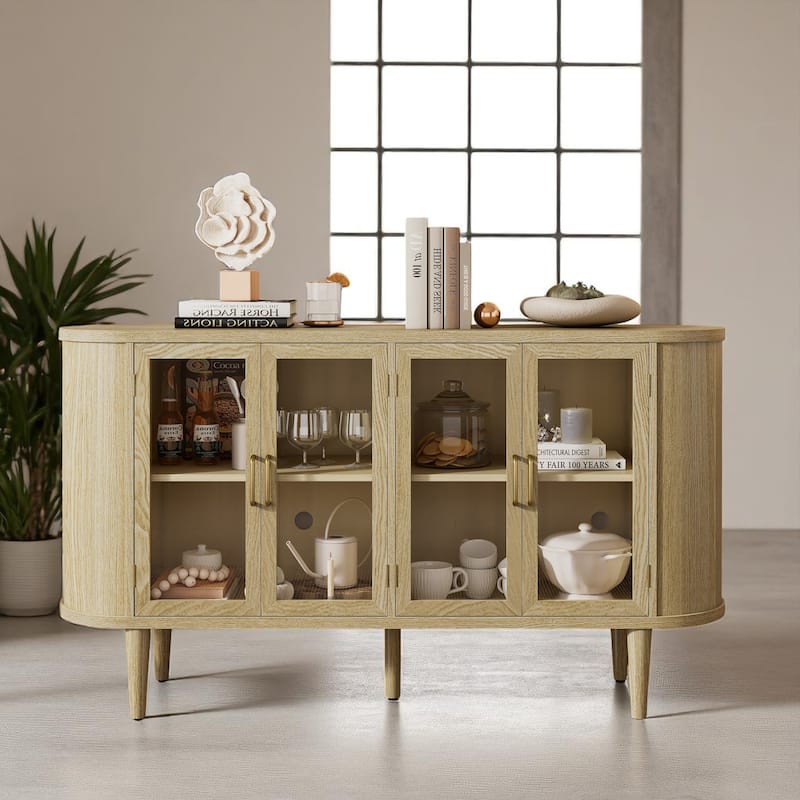 Farmhouse Wood Sideboard Buffet Cabinet with Glass Doors and Adjustable Shelves for Kitchen or Dining - Natural