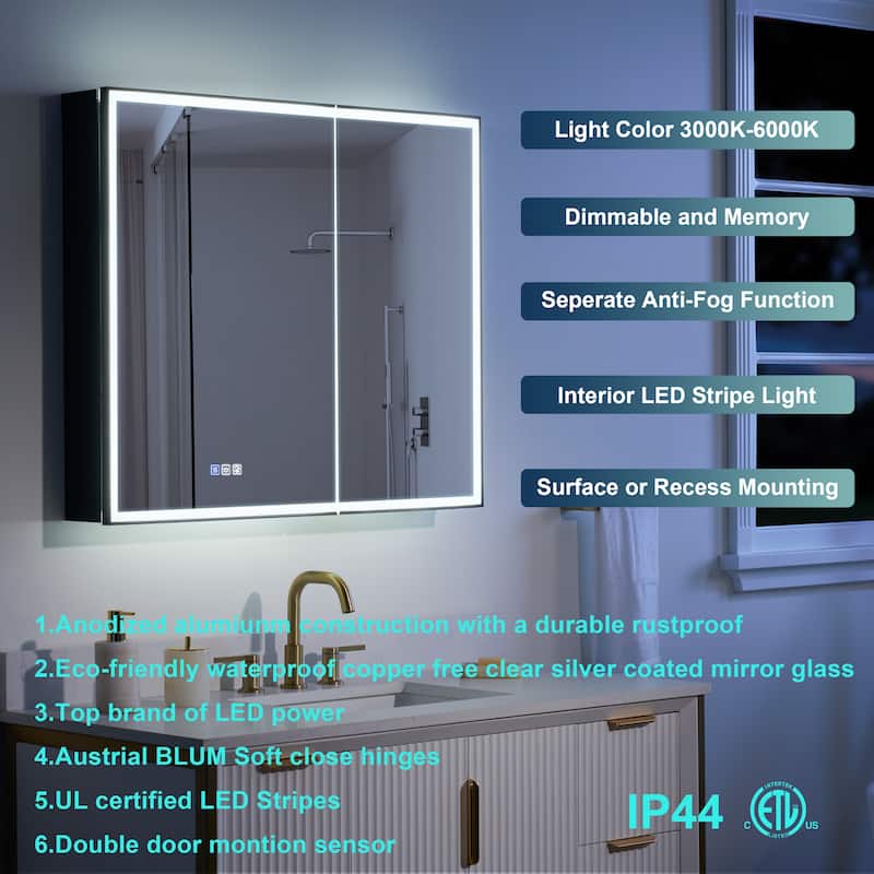30'' H Recessed Or Surface Wall Mounted LED Mirror Cabinet With Mirror And Adjustable Shelves,Black Frame