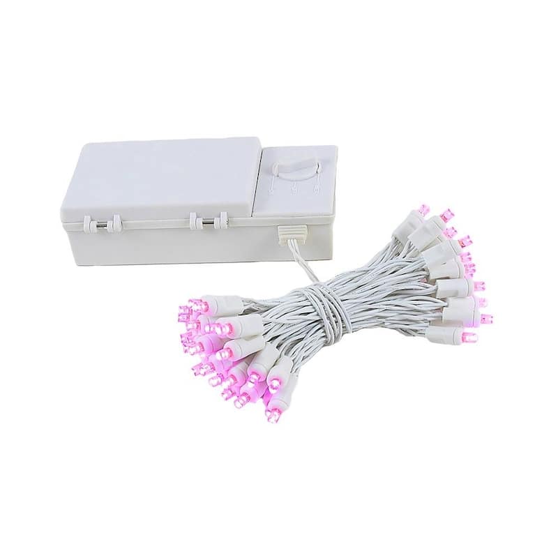 50 Light LED Battery Christmas Mini Light Set, White Wire, 18' Long - Pink