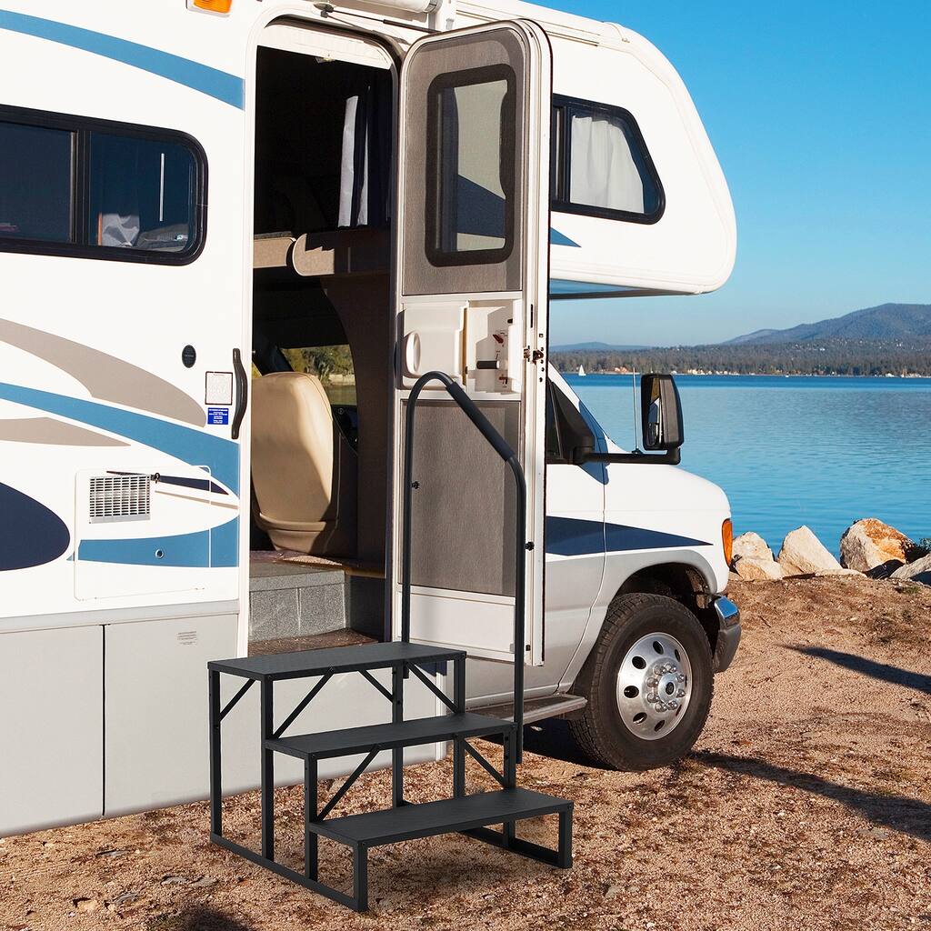 EROMMY RV Steps with Handrail, Metal Mobile Home Stairs with Armrest Cover, Portable for RVs, Travel Trailers, Pools, Hot Tubs