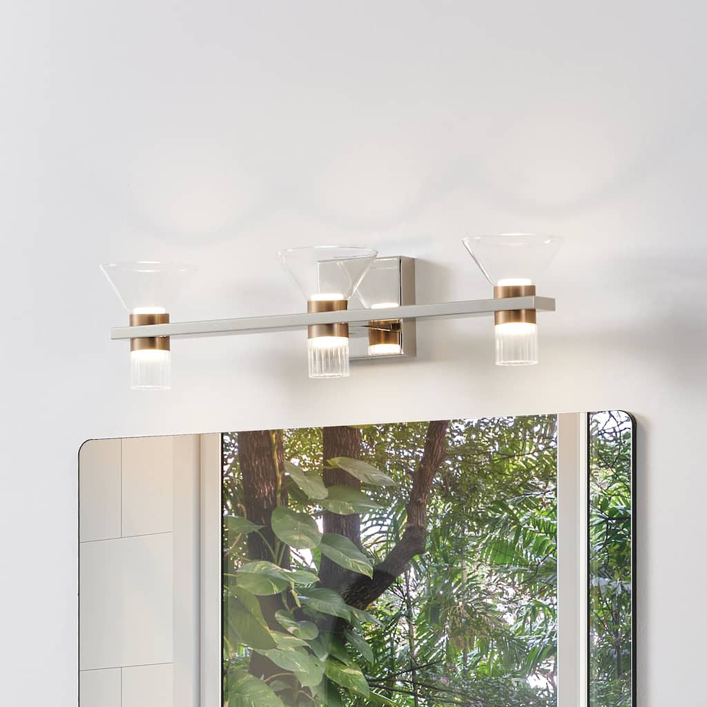 Thesis Blake 25-inch 6-light Polished Nickel and Champagne Gold 5CCT LED Vanity Light with Clear and Clear Ribbed Glass
