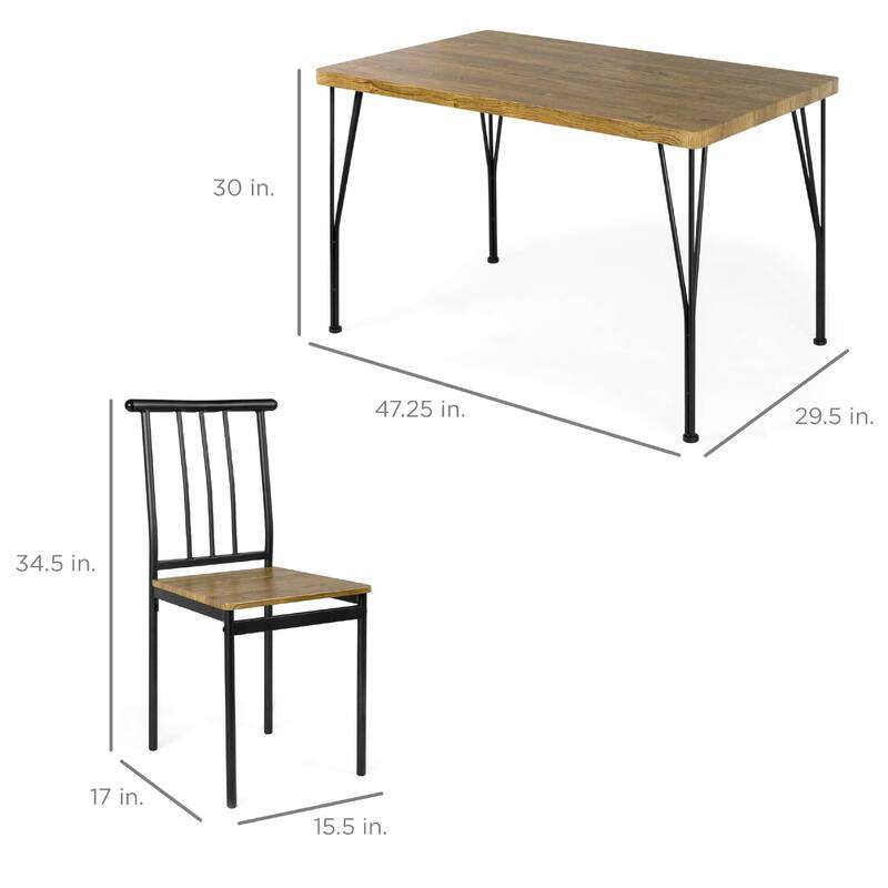 5-Piece Metal and Wood Indoor Modern Rectangular Dining Table Set for Kitchen, Dining Room, Dinette, Breakfast Nook w/ 4 Chairs