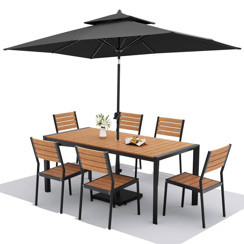 Set of 9 Outdoor Patio Dining Set WoodLike Aluminum Umbrella Hole Table with Stackable Chairs, Double Top Market Umbrella Set