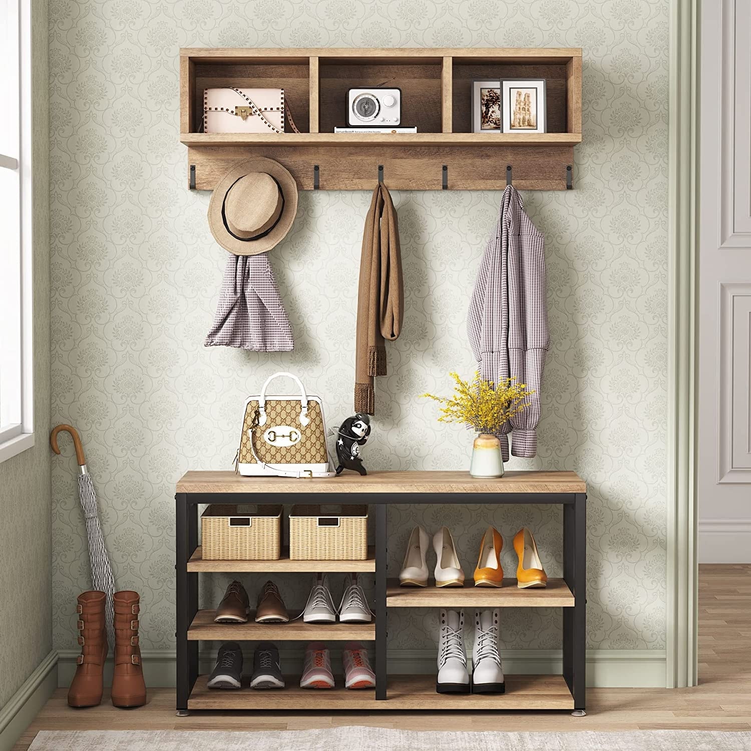 Hall coat rack with storage outlet
