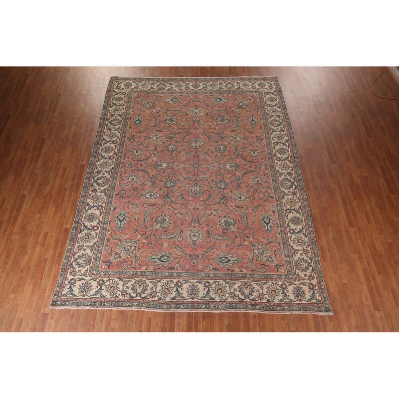 Pink Tabriz Persian Vintage Rug Hand-Knotted Oriental Wool Carpet - 9'9"x 12'10"