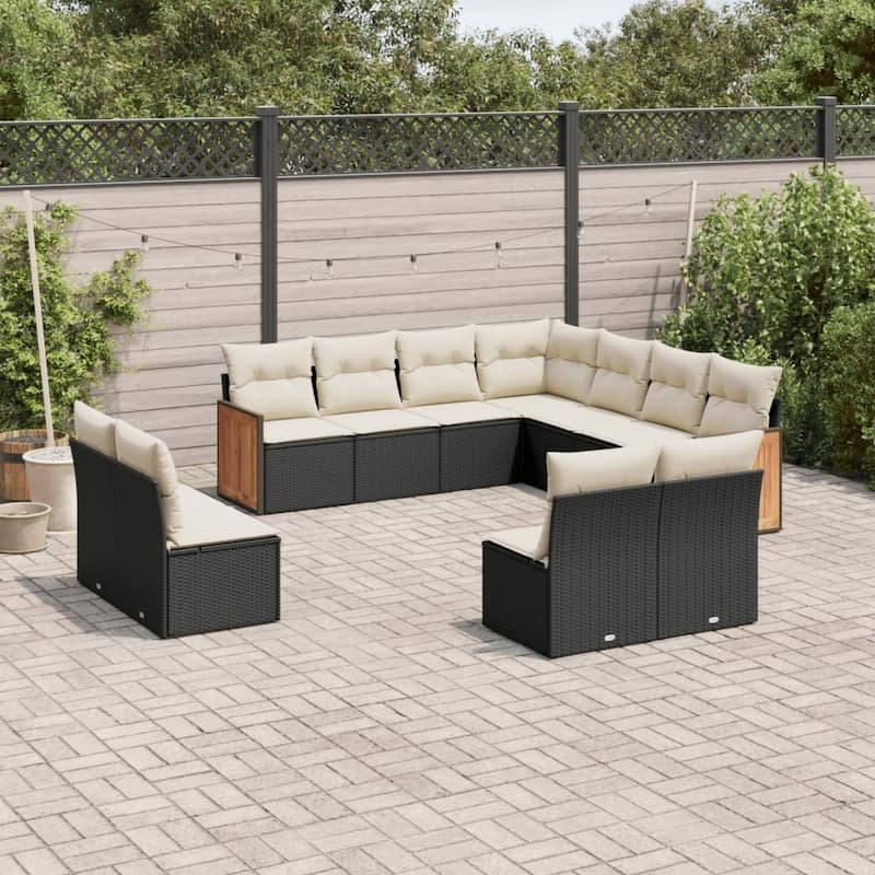 vidaXL Patio Sofa Set with Cushions Outdoor Conversation Furniture Poly Rattan - Black and cream without table - 24.4 x 24.4 x 27.2 in