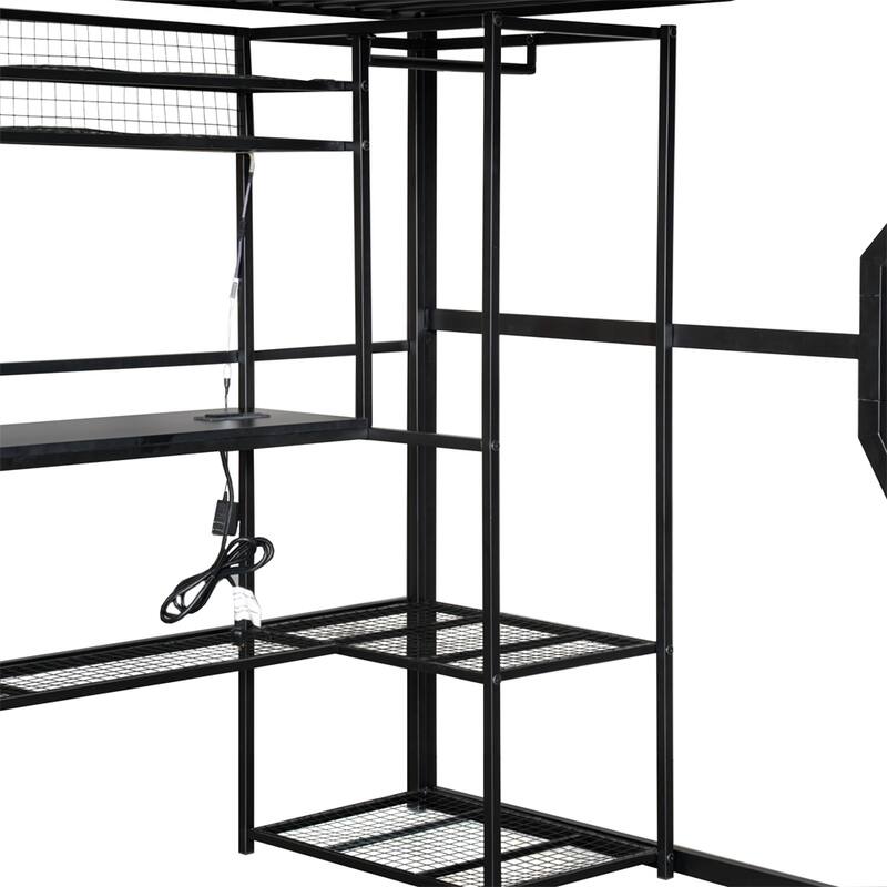 Full Size Metal Gaming Loft Bed w/Built-in Work Station,Open Wardrobe