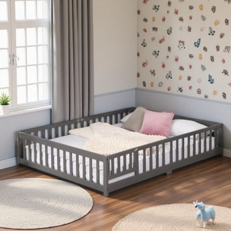 Full Size Wooden Floor Bed with Safety Guardrails & Door Design, Low Profile Pine Frame for Kids Platform Bed