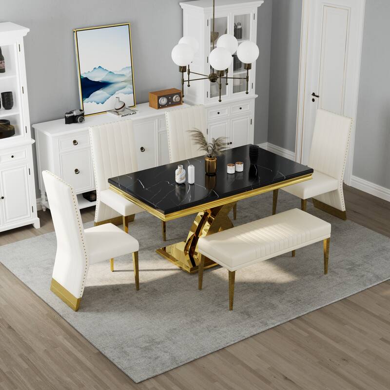 Stylish Modern X Cross Base Dining Room Table Set with Gold Dining Chairs - White - Table with 4 Chairs and Bench
