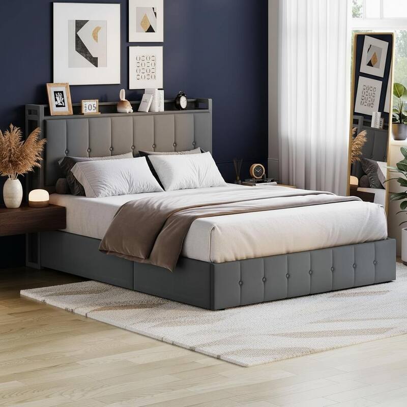 Bed Frame with Lift Up Storage and Storage Headboard - Dark Grey - King