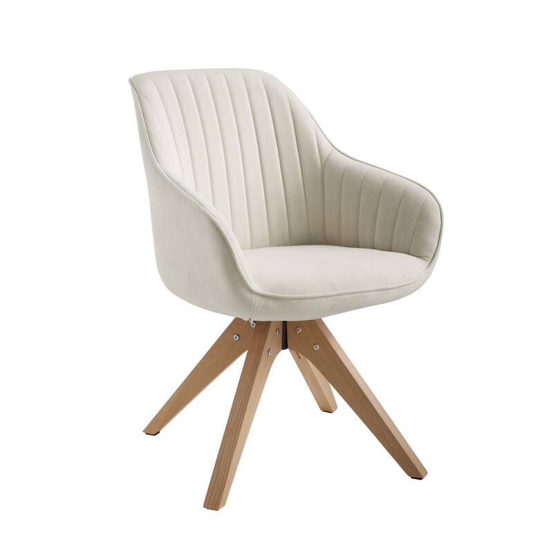 Art Leon Classical Swivel Office Accent Chair with Wood Legs - Oak Fishished Wood Legs - Off White Flannelette