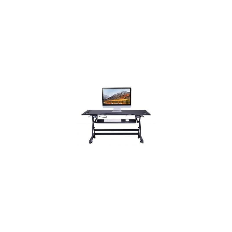 Rocelco 46 in. W Black Height Adjustable Standing Desk Converter with AC USB Charger, Double Monitor Arm and Triple Screen Riser