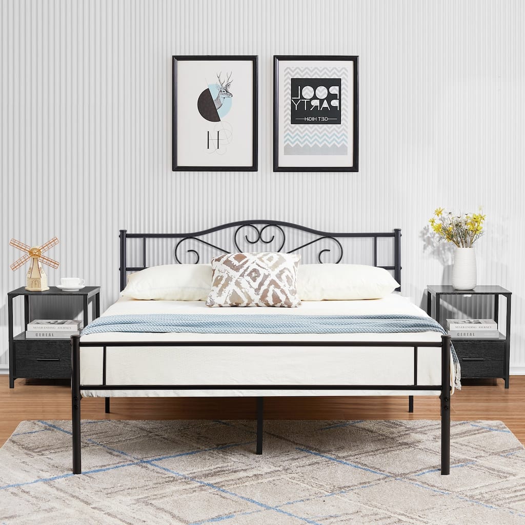 VECELO Industrial 3-Piece Bedroom Set Black Platform Bed Frame and Modern Nightstand Set of 2