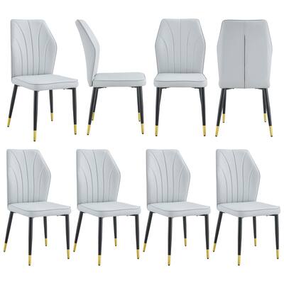8 light gray modern dining chairs with stylish PU patterned backrest and black metal legs for a comfortable home experie