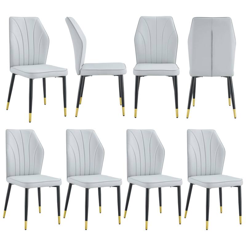 Roomfitters PU Dining Chairs with Patterned Backrest and Black Metal Legs, Upholstered Modern Set of 8 for Dining - Light Gray