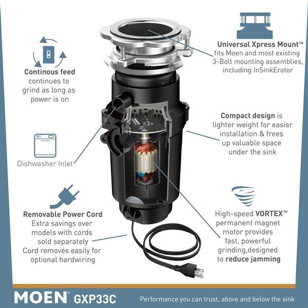 Shop Moen Gxp33c Gx Pro 1 3 Hp Continuous Garbage Disposal With A Vortex Stainless Steel Overstock 16321138