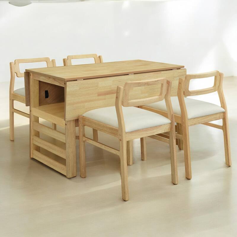 Modern 5-Piece Extendable Dining Table Set with Drop Leaves, Storage Shelf, and Upholstered Chairs for Dining Room