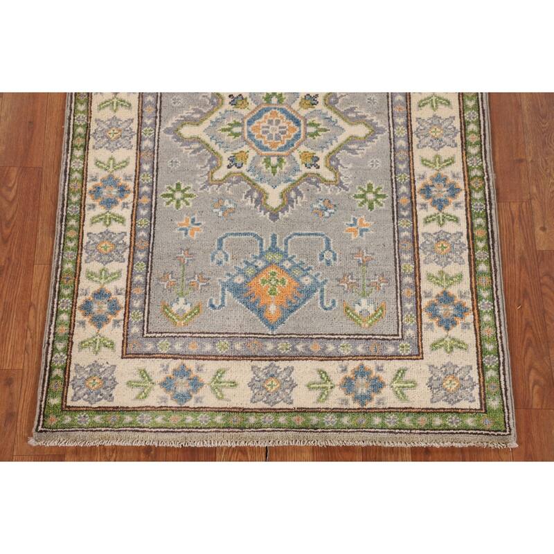 Gray Geometric Kazak Oriental Accent Rug Handmade Foyer Wool Carpet - 2'8" x 4'1"