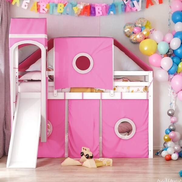 slide 2 of 24, Full Size Loft Bed with Tent and Tower, Beautiful Kid's Loft Bed, Elegance Unique Design Wood Full Size Loft Bed,Pink Pink