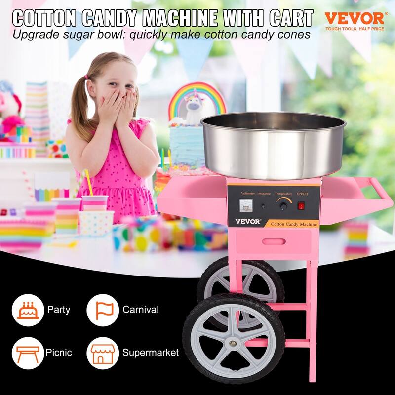 Electric Cotton Candy Machine with Cart, 1000W Commercial Floss Maker with Stainless Steel Bowl