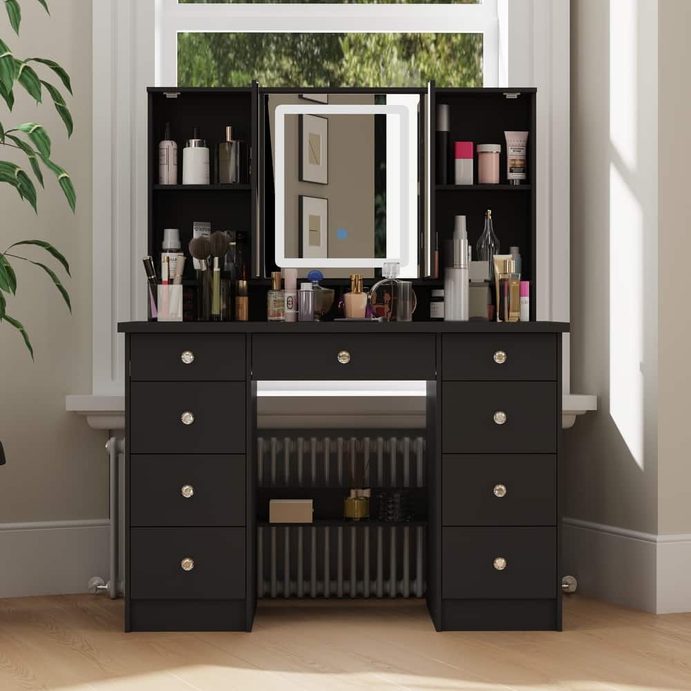 9-Drawer Vanity Set with Crystal Pulls and Versatile Mirror Lighting
