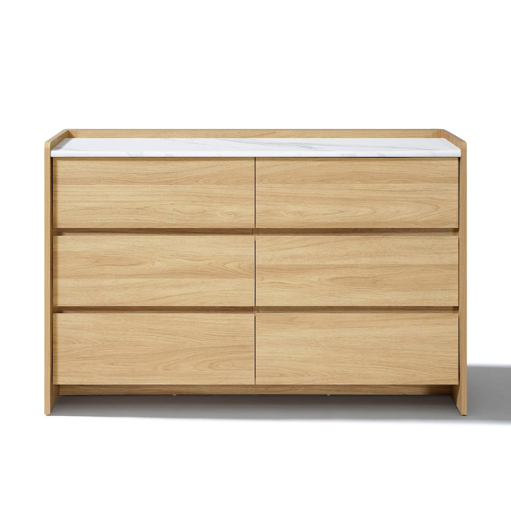47.2" Hazel Oak 6-Drawer Dresser with Faux Marble Top, Durable Manufactured Wood
