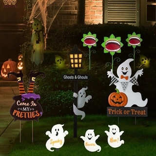 Glitzhome Halloween LED Ghost Cat Pumpkin Nutcracker Yard Stakes Standing Sign Hanging Decor