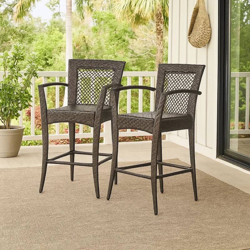 Fela Outdoor Barstool Chair Set of 2, Wicker Woven, Brown Iron Frame