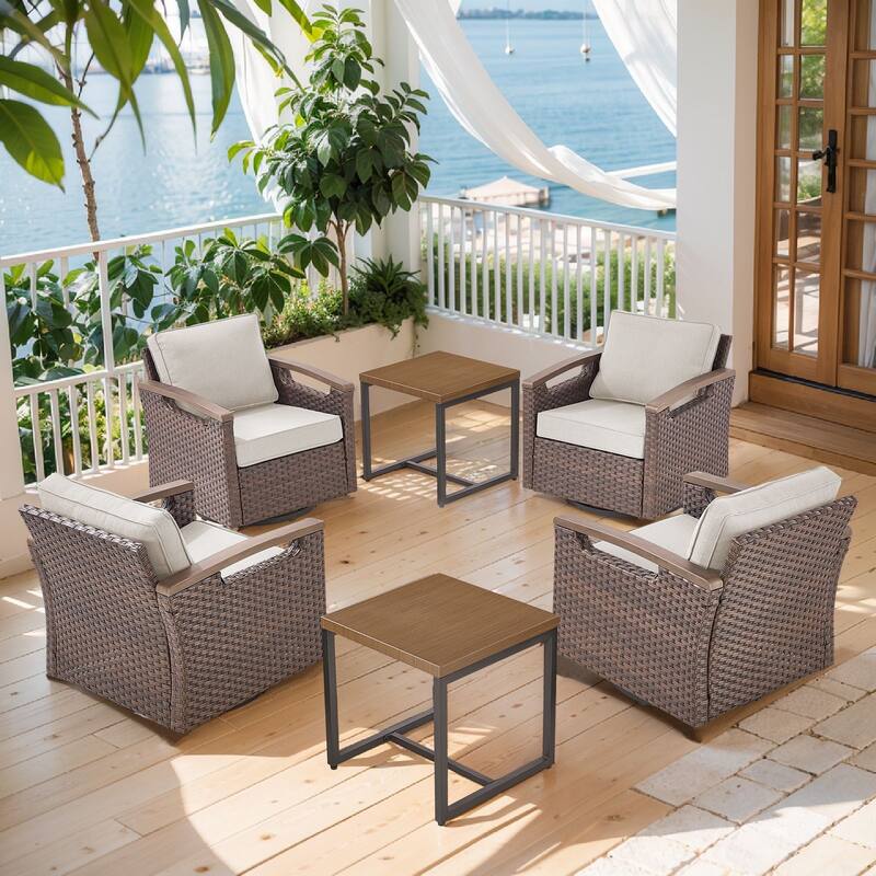Pocassy Outdoor Brown Wicker Funitre with Cushion Set - Beige Cushion - Swivel Chairs Set of 4