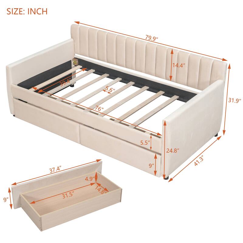 Velvet Upholstered Bed, Twin Size Daybed with 2 Built-in Drawers, 2 Armrests, Backrest and Wood Slat Support