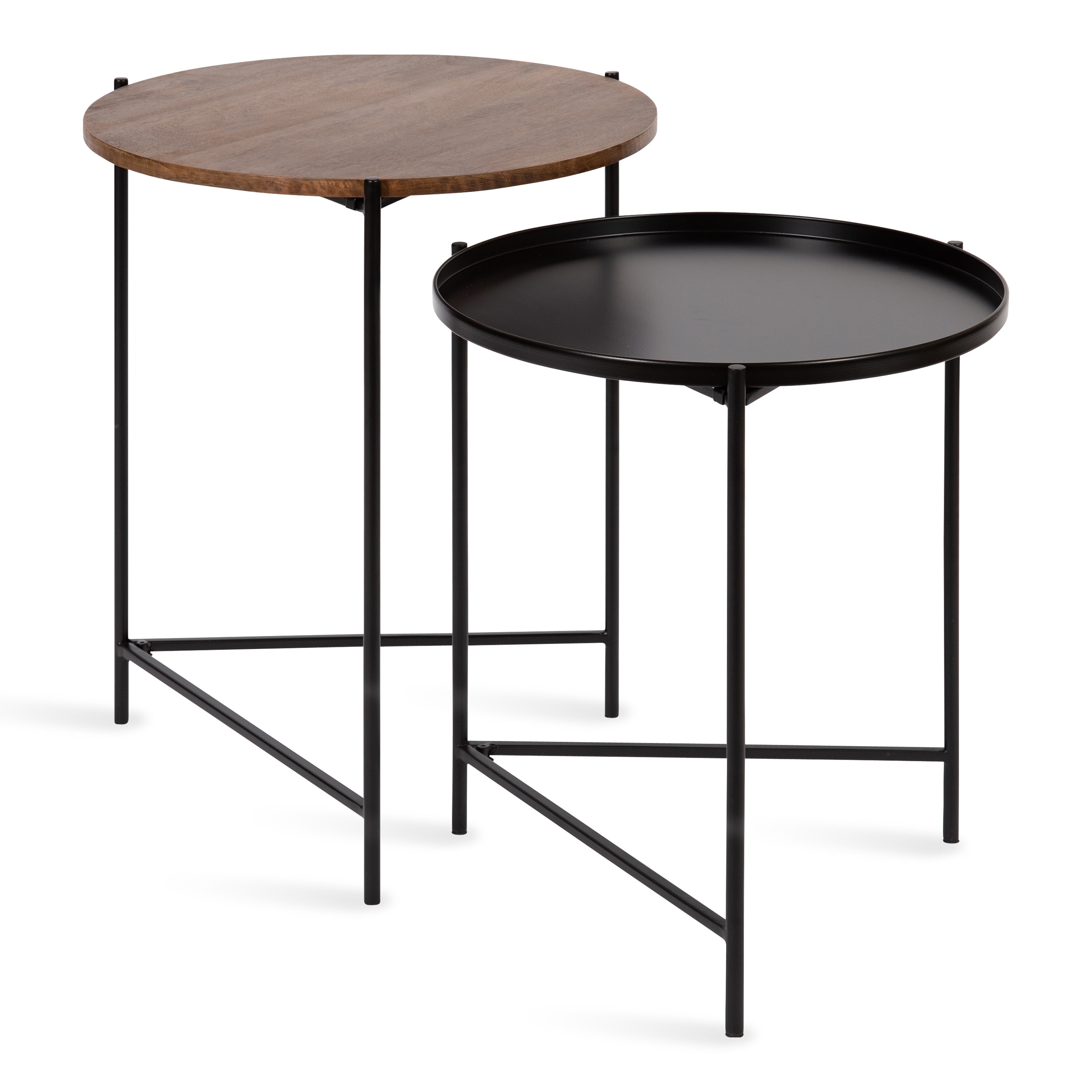 Two nested round side tables with black metal frames and black tray tops.