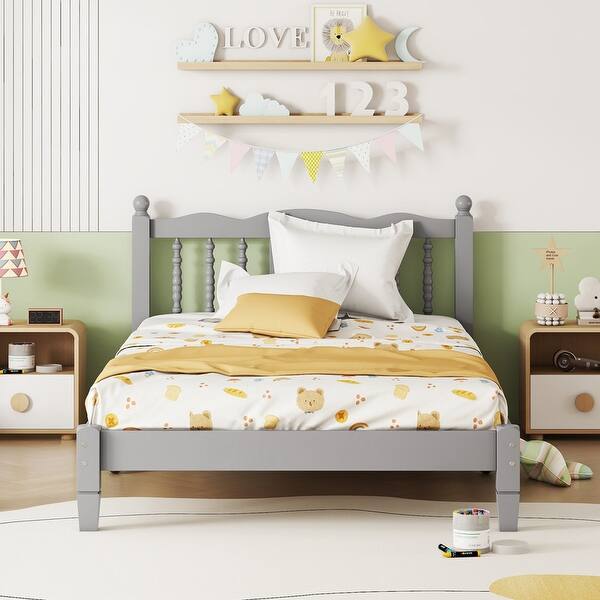 slide 2 of 21, Twin Bed with Column-Decoration Headboard, with Bed Slats Grey