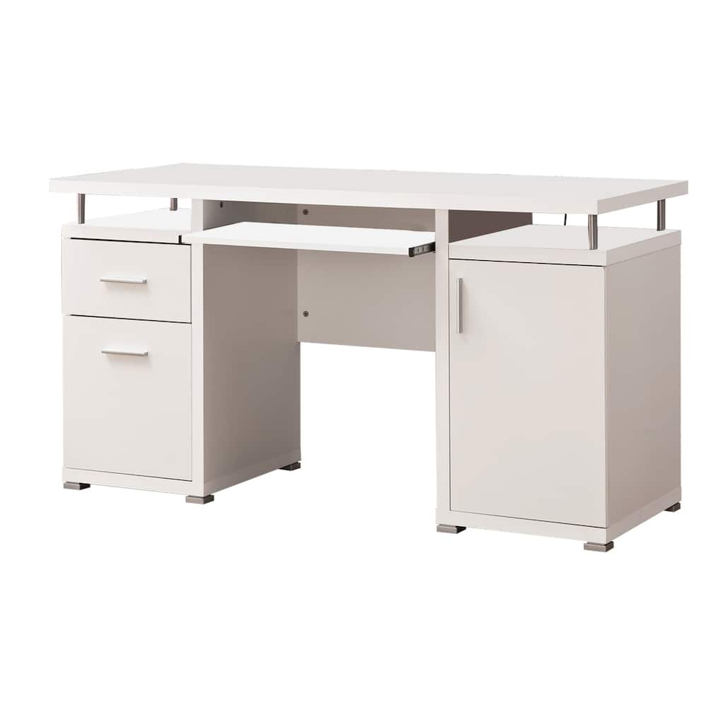 White Computer Desk with Storage - Elegant Home Office Desk with Drawers & Keyboard Tray