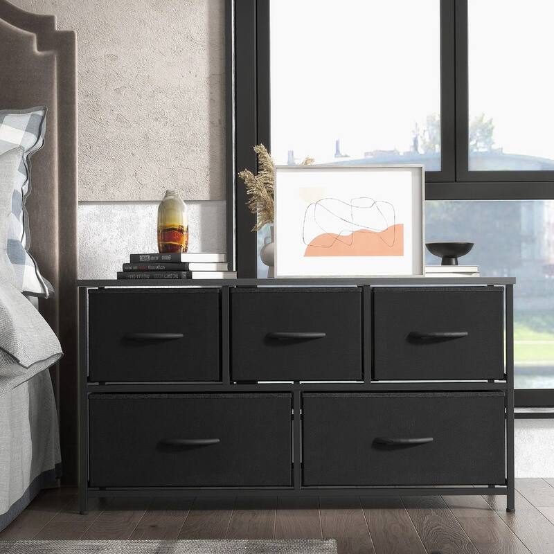 Dresser for Bedroom with 5 Fabric Drawers, Tall Chest Organizer Units for Clothing, Closet, Kidsroom, Storage Tower with Cabinet