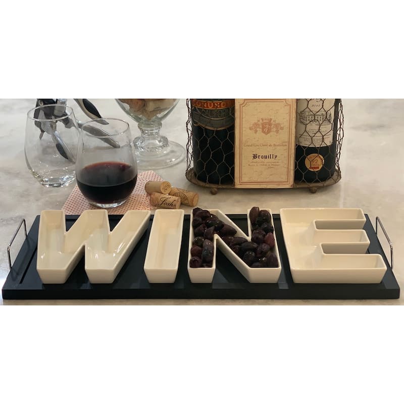 Red Vanilla WINE Serving Dishes with Wooden Tray