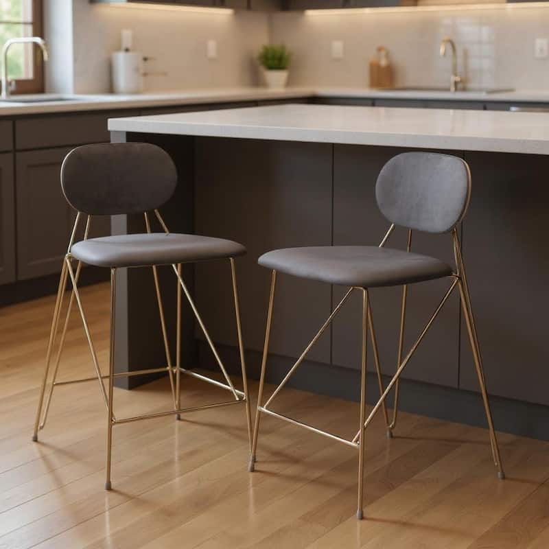 HomeRoots Set of Two 26" Gray and Gold Velvet and Steel Low Back Counter Height Bar Chairs - Counter Height - Gray - Set of 2