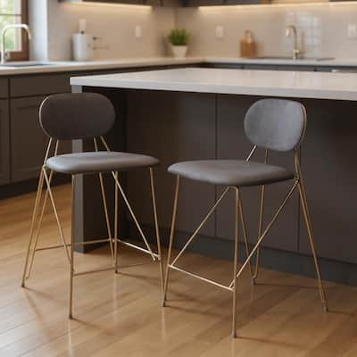 HomeRoots Set of Two 26" Gray and Gold Velvet and Steel Low Back Counter Height Bar Chairs