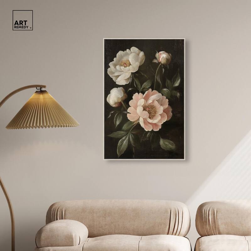 White Peonies in Dark II Canvas by Art Remedy