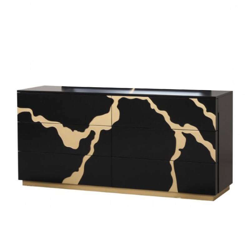 Goldie 6 Drawer Wide Dresser, Black and Gold Wood, Bedroom Storage