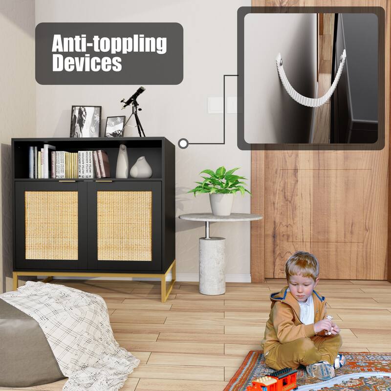 Anmytek Black Rattan Buffet Sideboard Storage Cabinet with 2 Doors