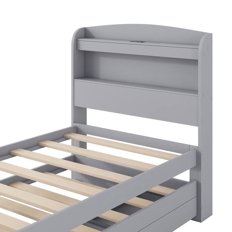 Twin XL Size Platform Bed with Storage LED Headboard, Charging Station, Twin Size Trundle and 2 Drawers, Gray