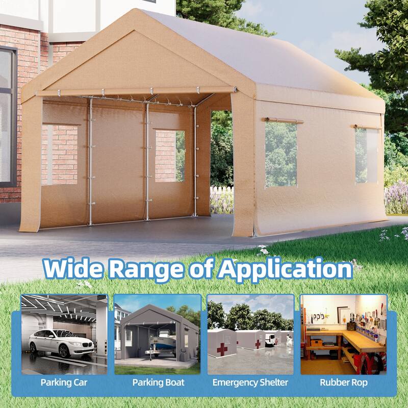 Heavy Duty Enclosed Carport Shelter, Waterproof UV-Resistant Canopy with Steel Frame & Roll-Up Windows