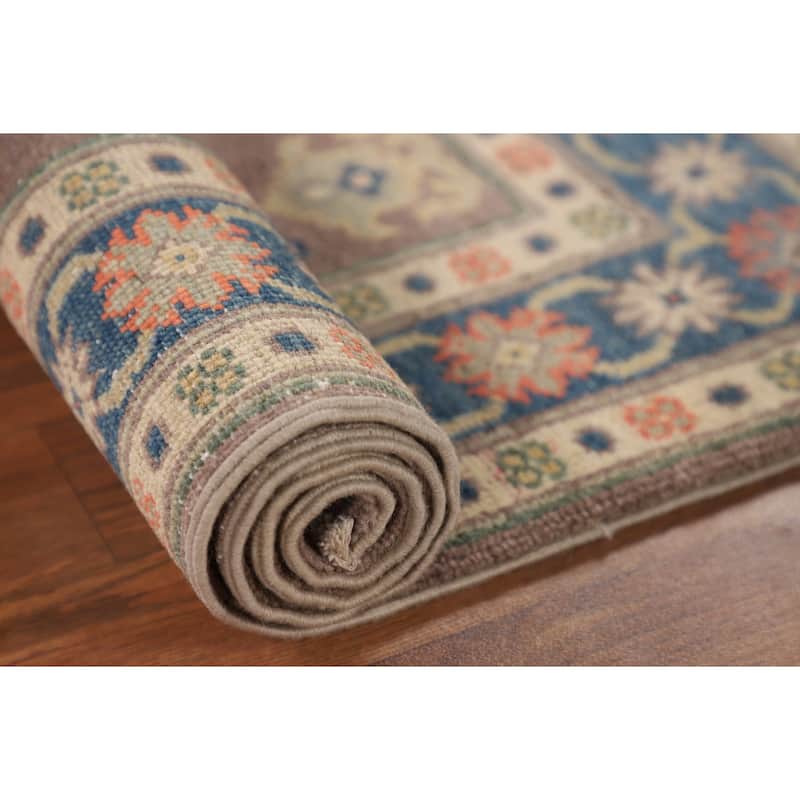 Kazak Foyer Rug Hand-Knotted Geometric Brown Wool Carpet - 2'7" x 3'11"